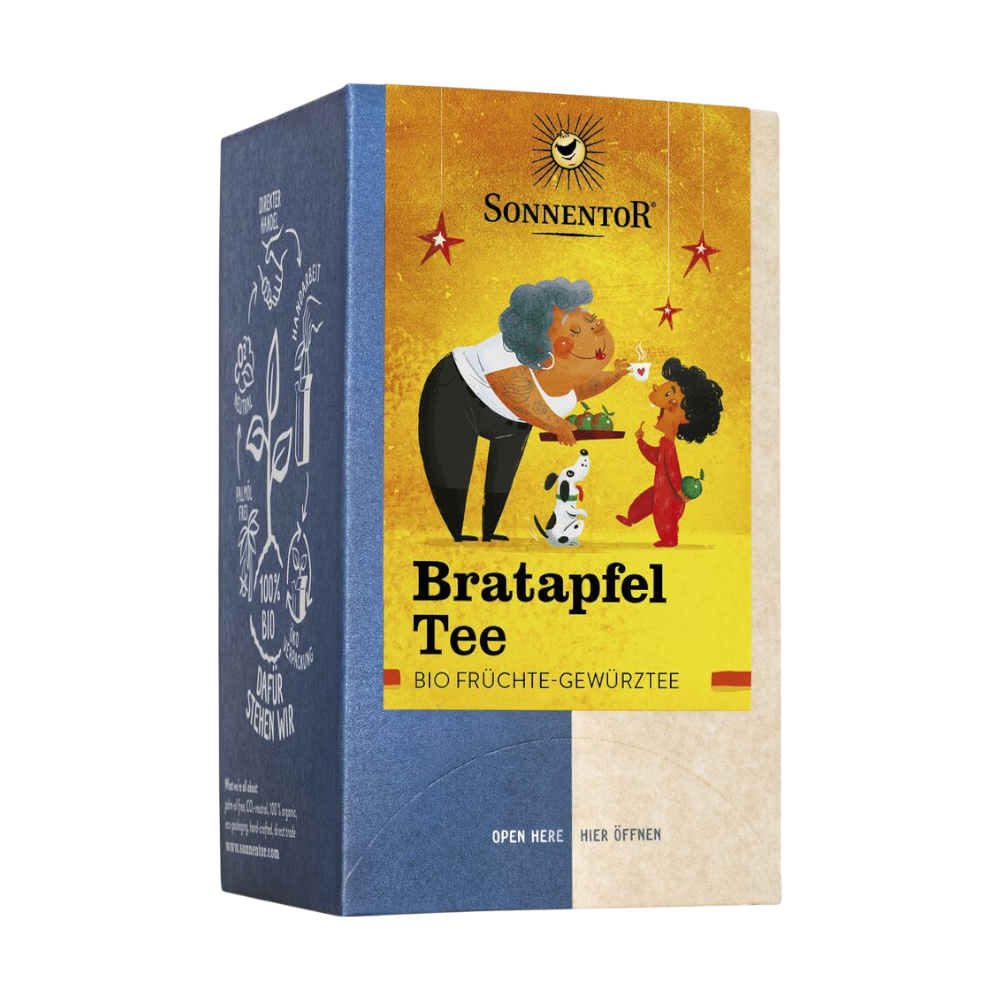 Sonnentor Bratapfel Tee Bio-Früchte-Gewürzteemischung mit Apfelstücken, Zimt und Nelken in 18 Doppelkammerbeuteln