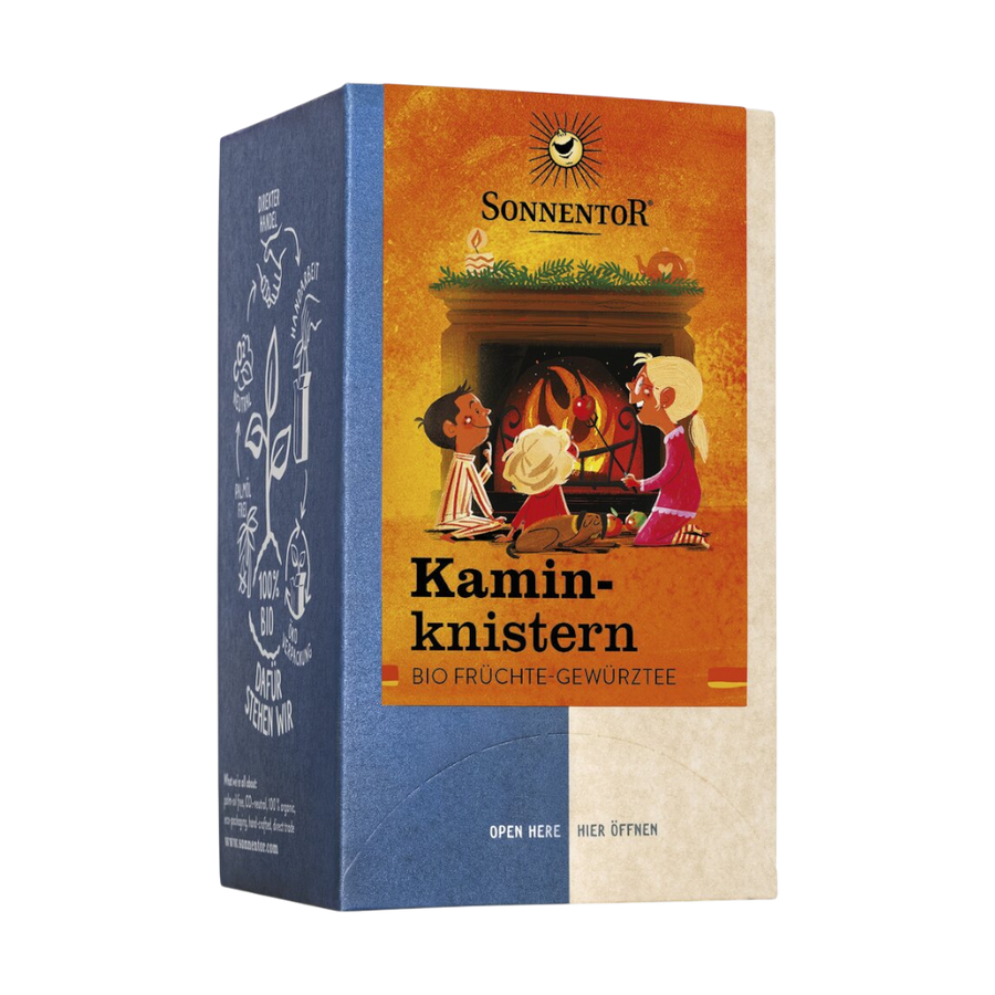 Sonnentor Kaminknistern Früchtetee Bio-Früchte-Gewürzteemischung mit Apfelstücken, Zimt und ätherischen Ölen in 18 Doppelkammerbeuteln