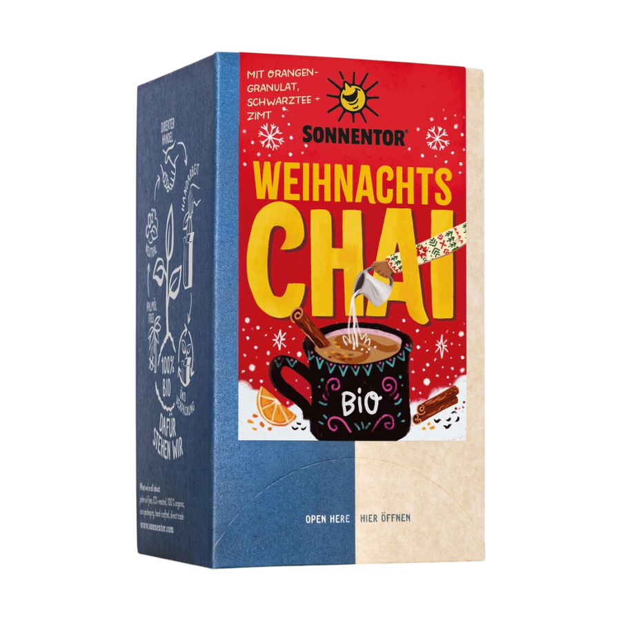Sonnentor Weihnachts Chai Bio-Schwarztee-Gewürzteemischung mit Assam-Tee, Zimt, Süßholz und ätherischem Orangenöl in 18 Doppelkammerbeuteln