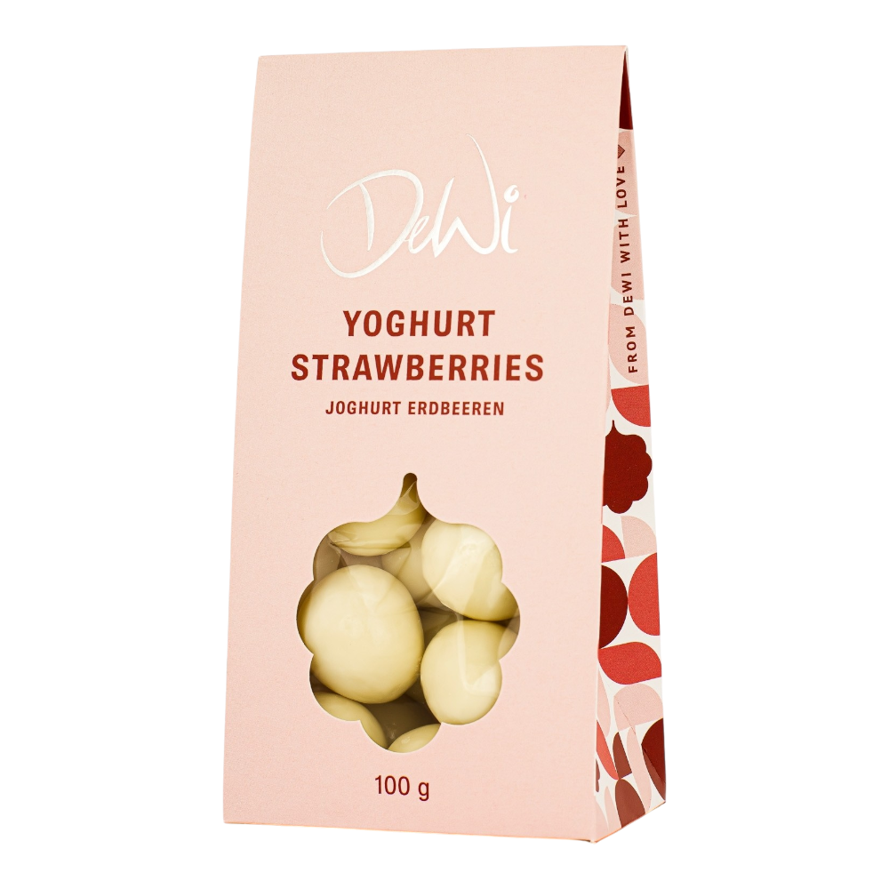 DeWi Joghurt Erdbeeren 100g - gefriergetrocknete Erdbeeren in weißer Schokolade mit cremigem Joghurtgeschmack