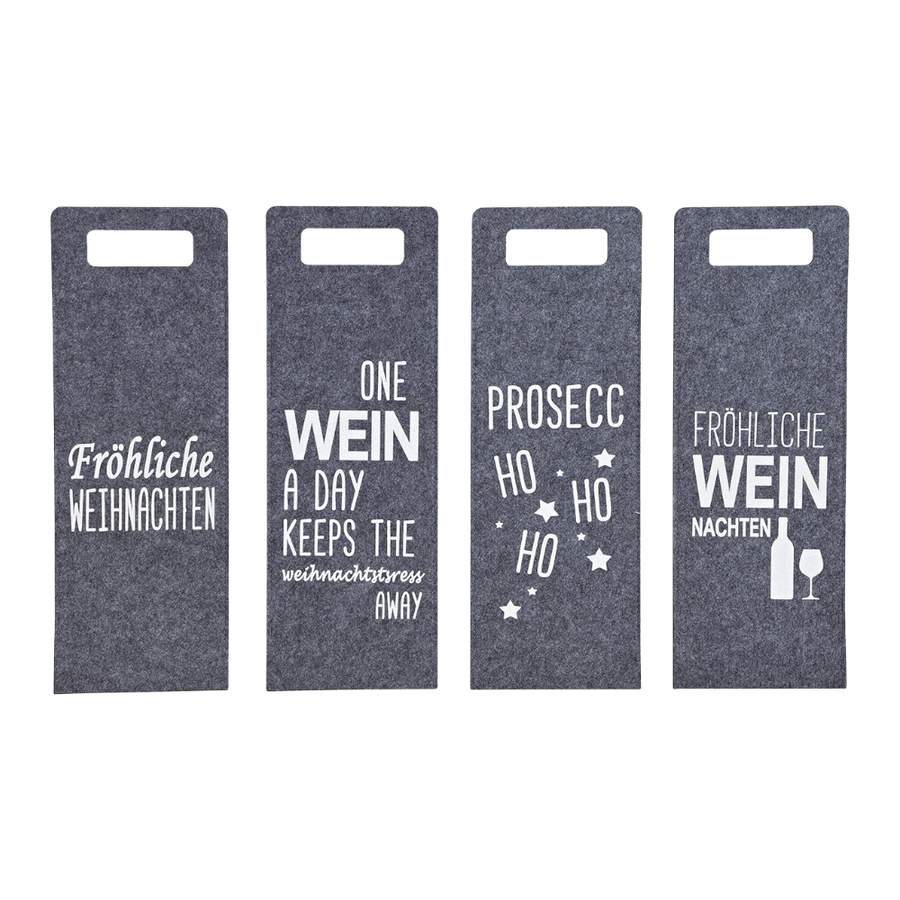 Geschenktasche aus Filz in grau mit Weihnachtssprüchen, 41x14cm, festliche Flaschentasche