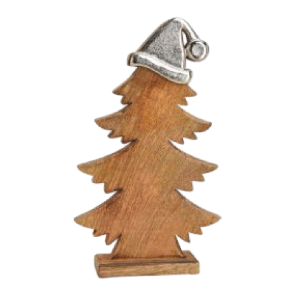 Tannenbaum aus Mangoholz mit Metall Mütze Braun 27x45x7cm, rustikaler Weihnachtsbaum aus natürlichem Mangoholz mit charmanter Metall-Mütze