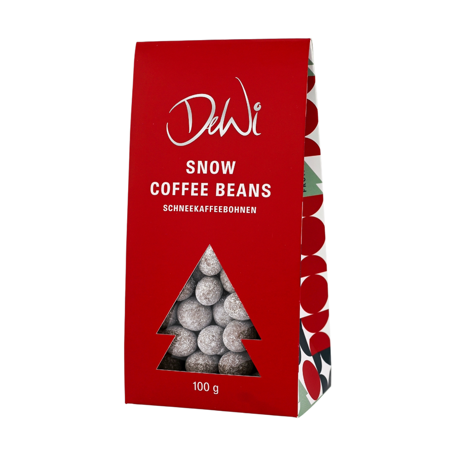 DeWi Schneekaffeebohnen - geröstete Kaffeebohnen in Milchschokolade mit zarter Puderzuckerschicht für winterlichen Kaffeegenuss