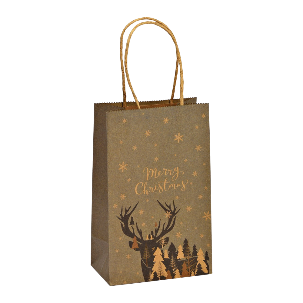 Braune Geschenktüte aus Papier/Pappe mit Hirsch-Motiv und Merry Christmas Schriftzug, 13x21x8cm, festliche Weihnachts-Geschenkverpackung