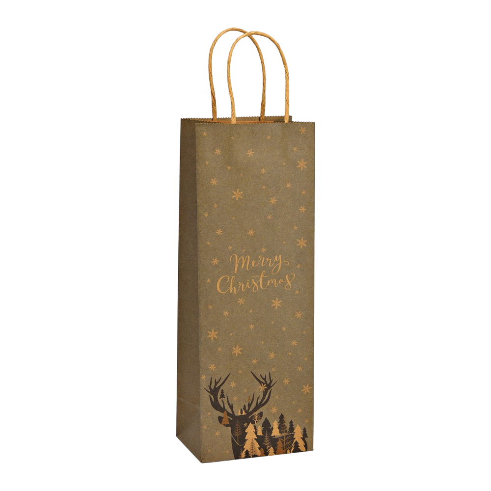 Braune Flaschentüte aus Papier/Pappe mit Hirsch-Motiv und Merry Christmas Schriftzug, 12x35x9cm, festliche Weihnachts-Geschenkverpackung für Flaschen