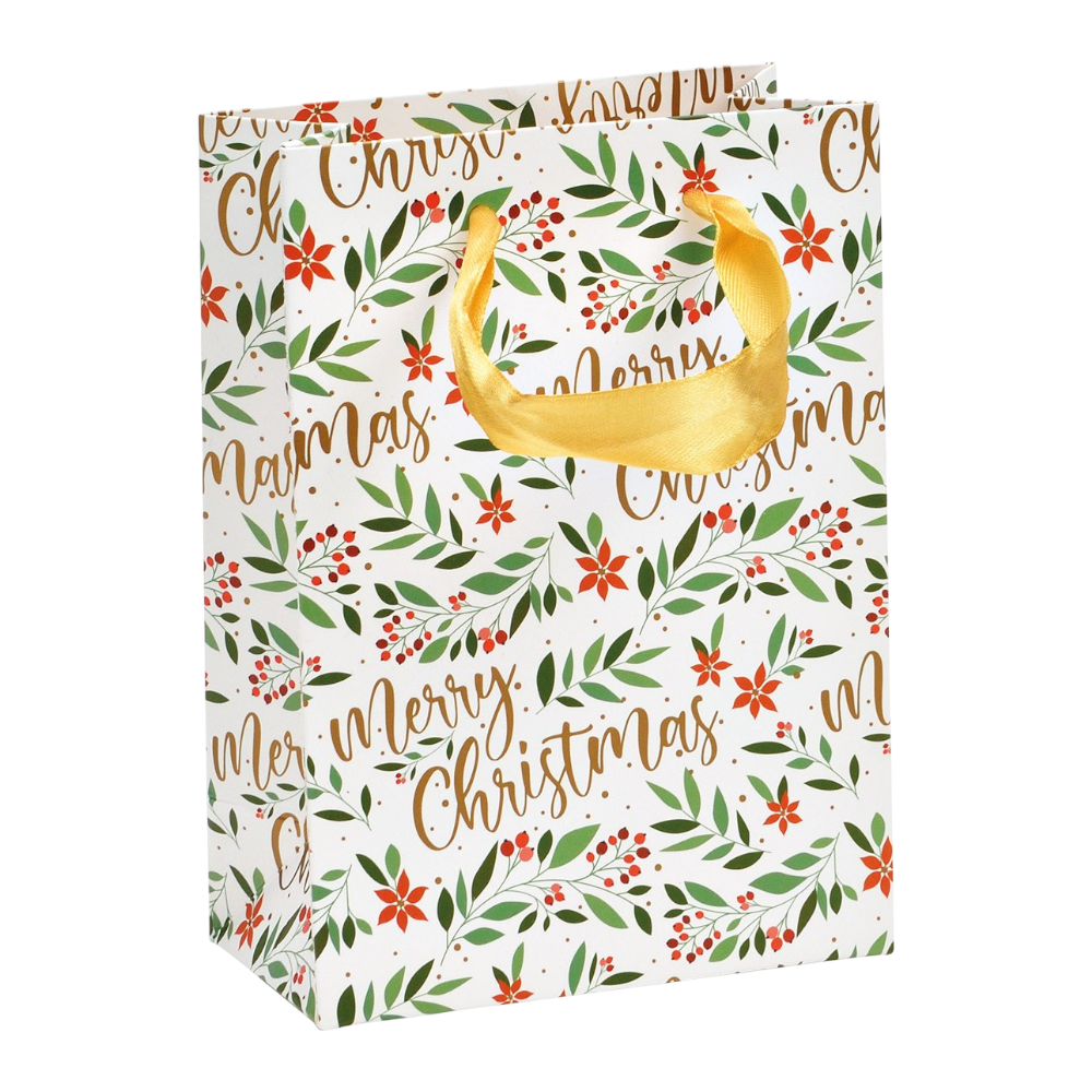 Geschenktüte Merry Christmas in bunten Farben, 12x16x1cm, mit Blatt Dekor für Weihnachtsgeschenke