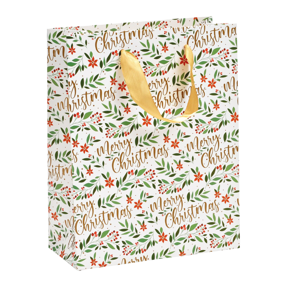 Geschenktüte Merry Christmas in bunten Farben, 18x23x2cm, mit Blatt Dekor für Weihnachtsgeschenke