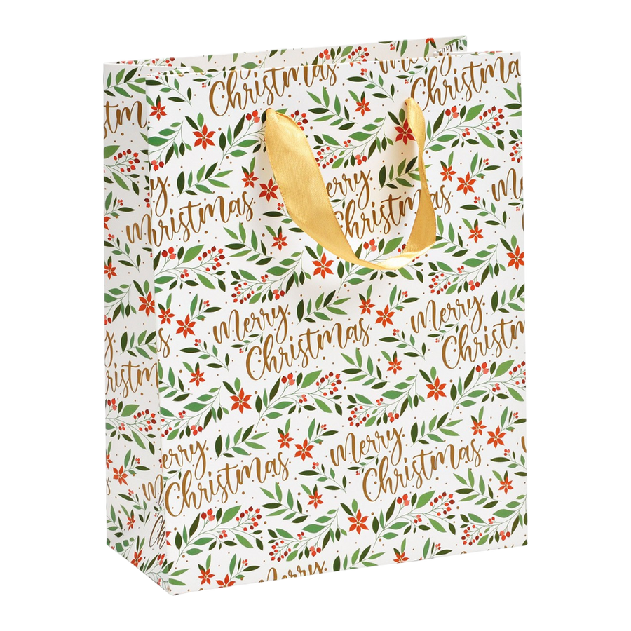 Geschenktüte Merry Christmas in bunten Farben, 18x23x2cm, mit Blatt Dekor für Weihnachtsgeschenke