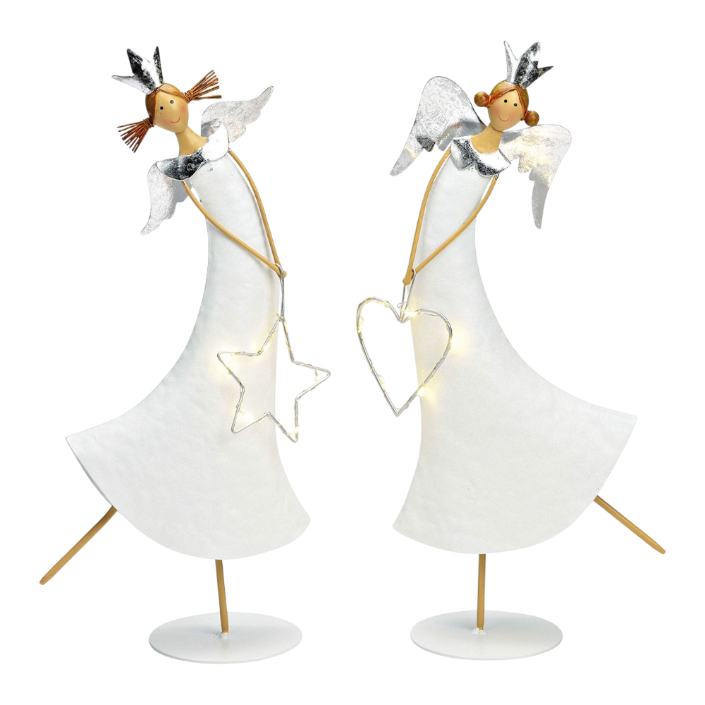 Engel mit LED aus Metall in weiß, 16x39x10cm, zweifache Ausführung mit LED-Beleuchtung für himmlische Weihnachtsdekoration