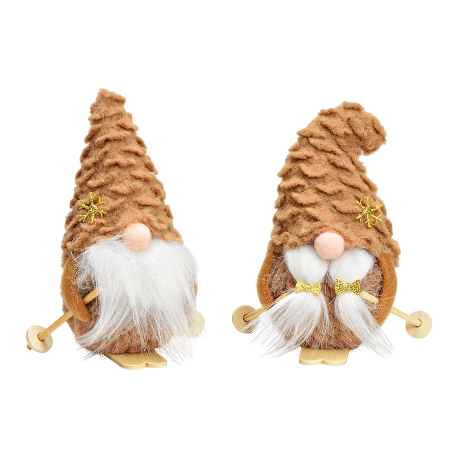 Wichtel auf Skiern aus Textil Kunststoff Holz in beige, 7x11x6cm, 2-fach sortiert, charmante Weihnachtsdekoration