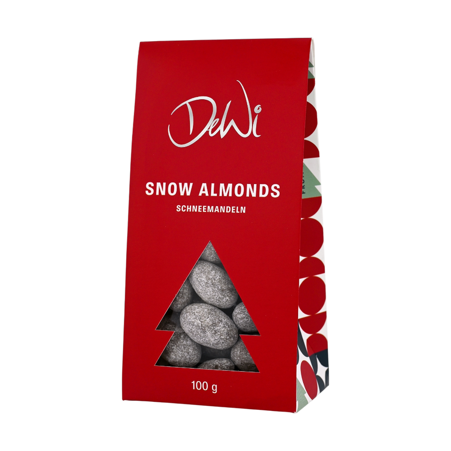DeWi Schneemandeln - hochwertige Mandeln in Milchschokolade mit zarter Puderzuckerschicht für winterlichen Genuss