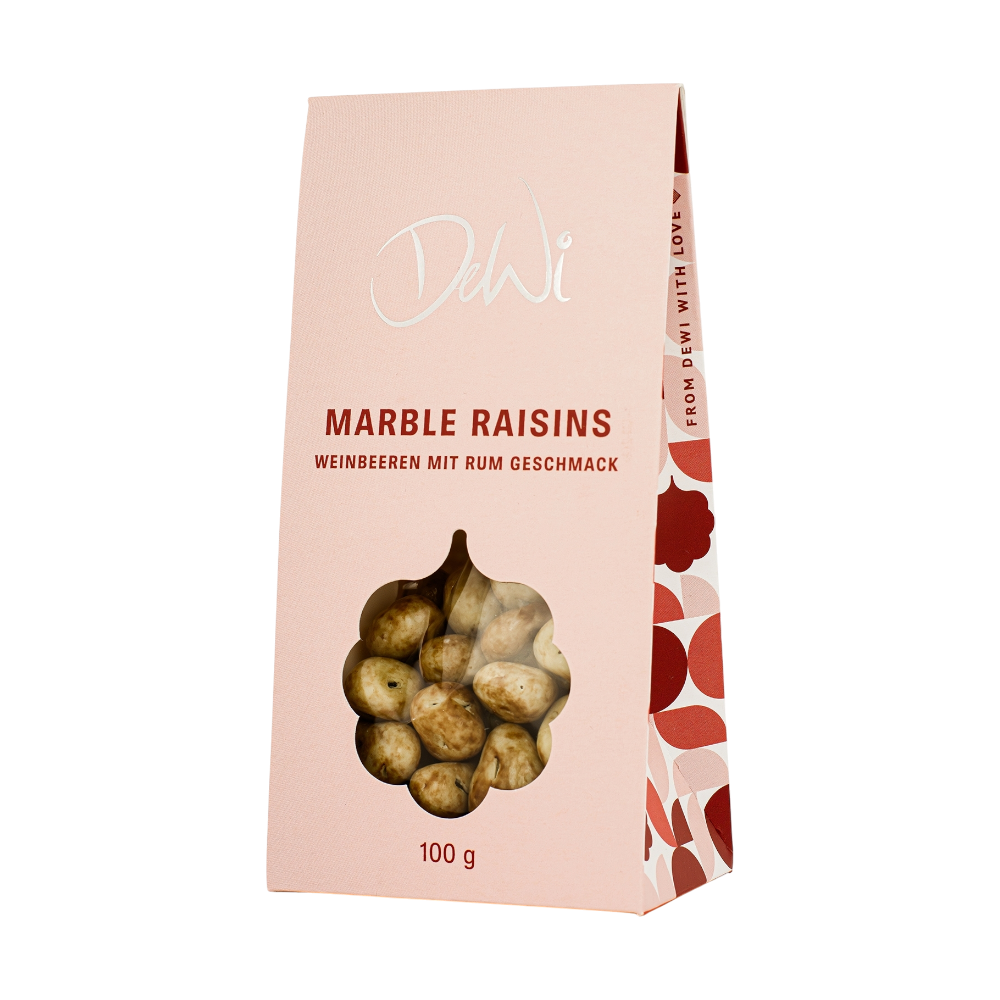 DeWi Weinbeeren mit Rum Geschmack - süße Rosinen in weißer Schokolade mit authentischem Rum-Aroma