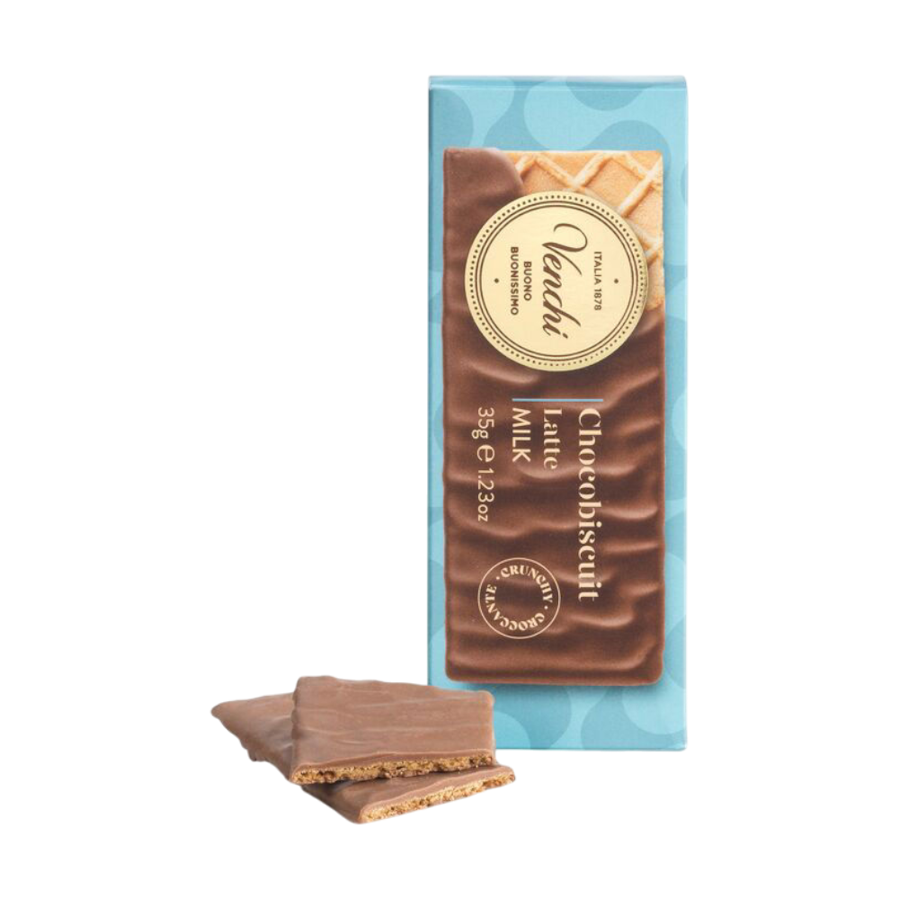 Venchi Snack ChocoBiscuit - glutenfreie doppelte Kekswaffel umhüllt von feiner Vollmilchschokolade im praktischen Snack-Format