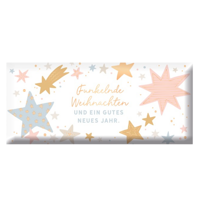 Grafik Werkstatt Weihnachtsschokolade 30g mit goldener Aufschrift Funkelnde Weihnachten und Neujahrswunsch