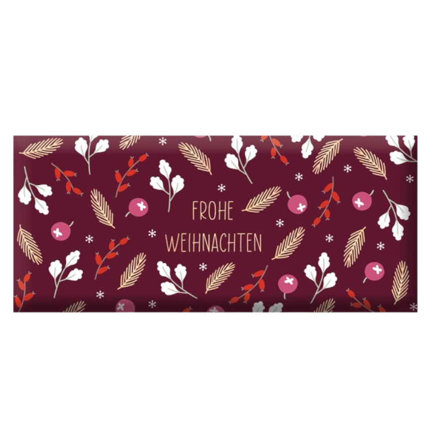 Grafik Werkstatt Weihnachtsschokolade 30g mit goldener Aufschrift Frohe Weihnachten und Zweigen-Design