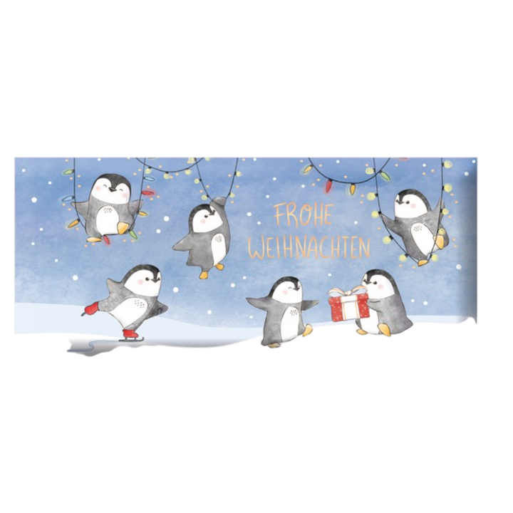 Grafik Werkstatt Weihnachtsschokolade 30g mit goldener Aufschrift Frohe Weihnachten und Pinguin-Design