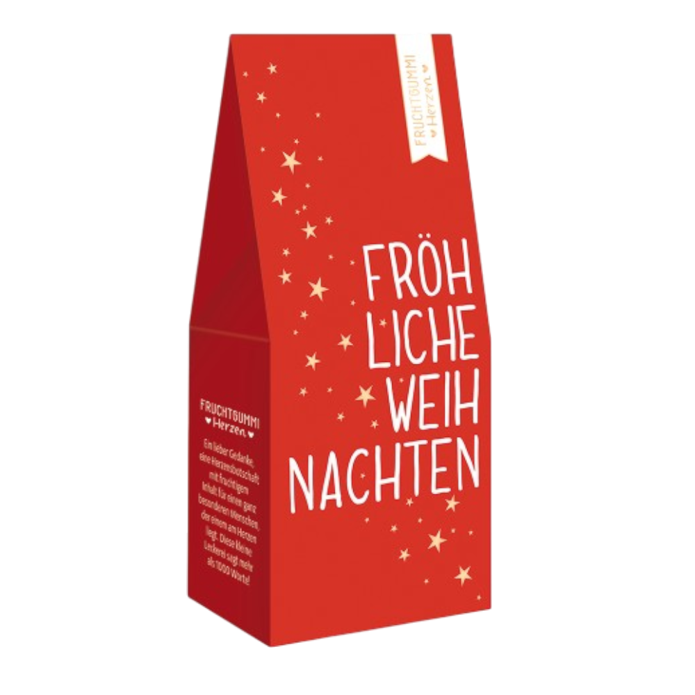 Grafik Werkstatt Weihnachts-Fruchtgummi 70g mit Aufschrift Fröhliche Weihnachten und Himbeersaft