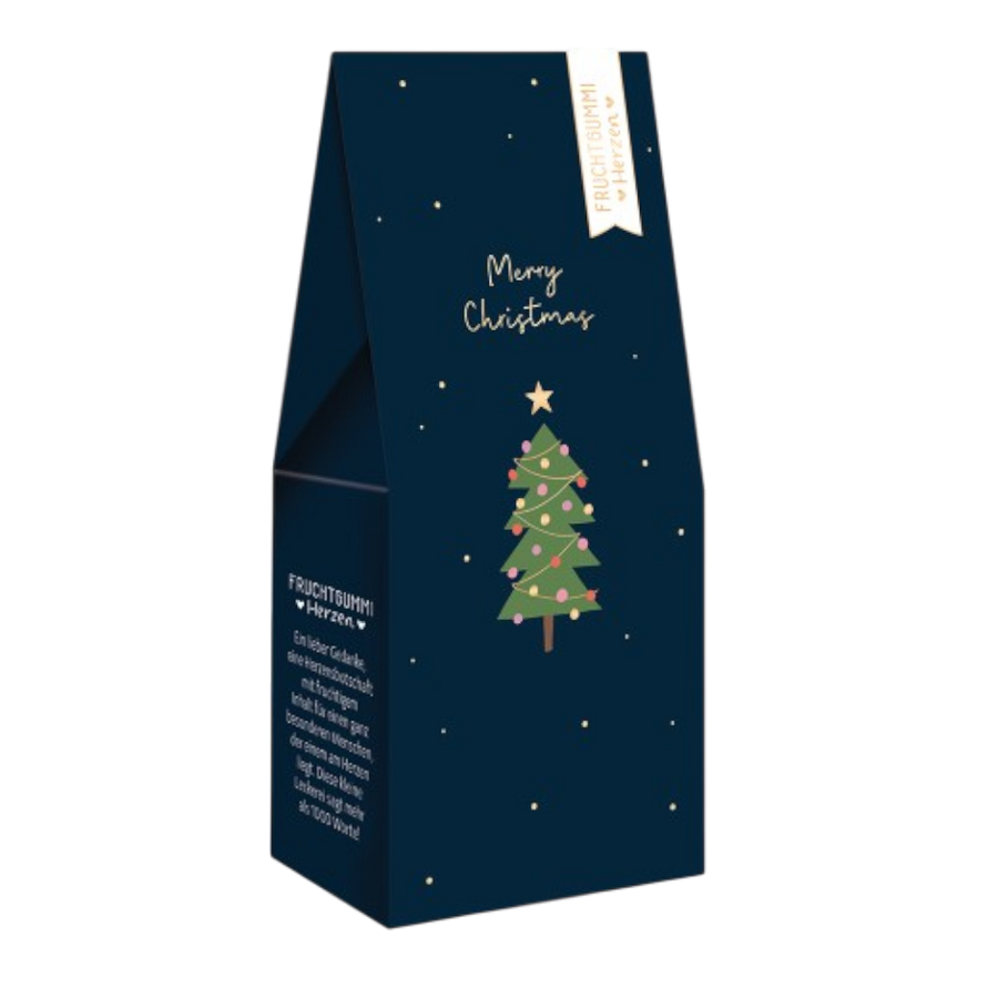 Grafik Werkstatt Weihnachts-Fruchtgummi 70g mit goldener Aufschrift Merry Christmas und Himbeersaft