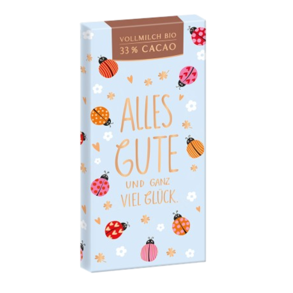 Grafik Werkstatt Bio-Schokolade 80g mit Aufschrift "Alles Gute und ganz viel Glück!" DE-ÖKO-013 zertifiziert