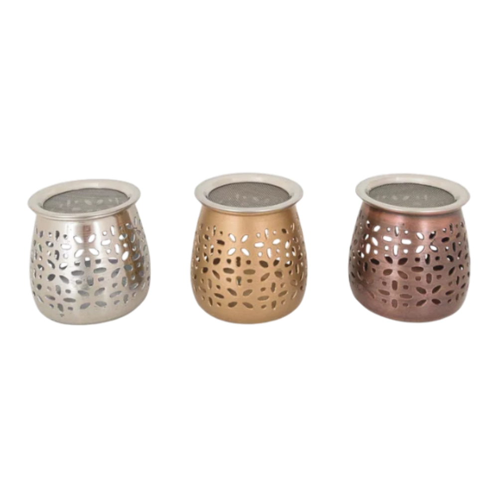 Teelichtstövchen mit Edelstahlsieb dreifarbig sortiert, Höhe 8 cm Durchmesser 6 cm