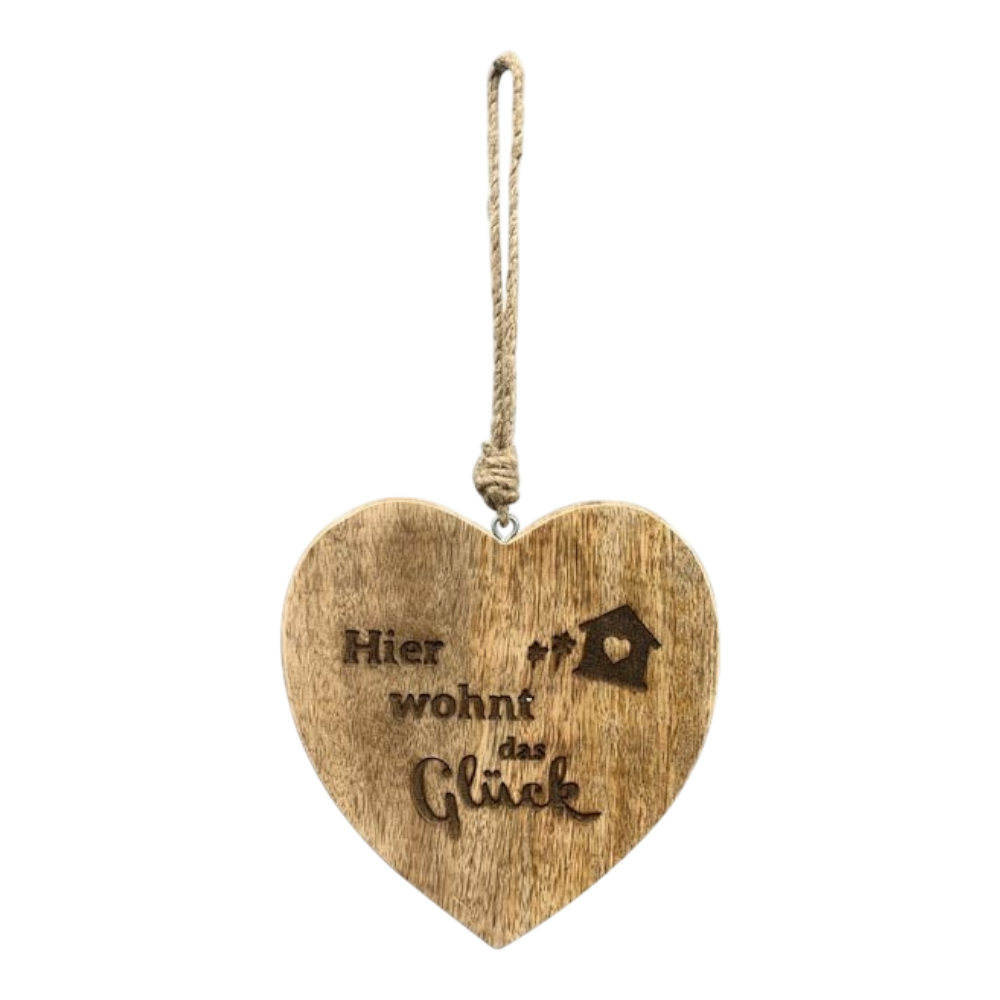 HerzHänger Dost Holz 12x1,5x12 cm mit Spruch "Hier wohnt das Glück", natürliches Holz, Glücks-Herzhänger, hochwertige Verarbeitung