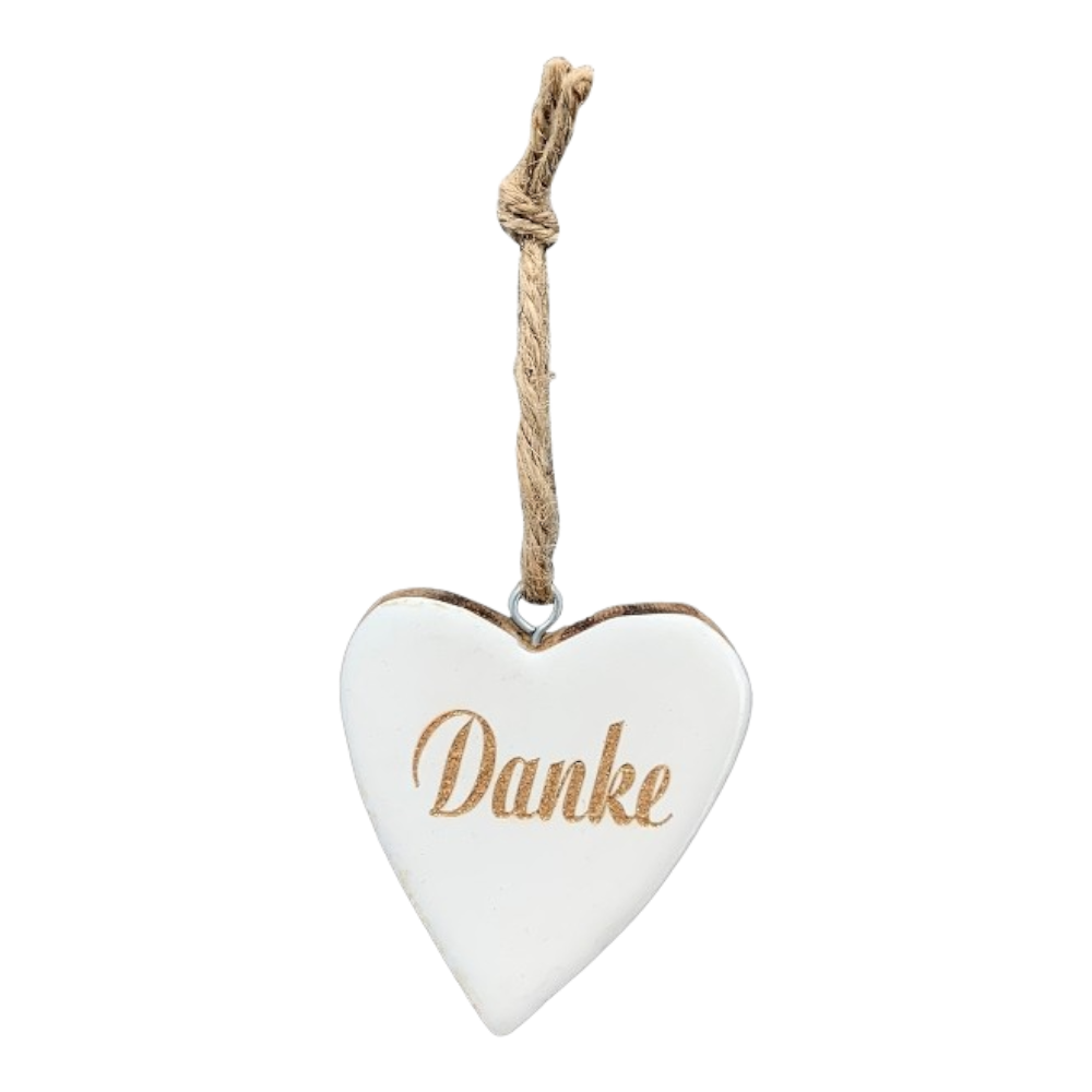 HerzHänger Dost weiß Holz/Glas 6,5x1x7 cm mit Spruch "Danke", elegante weiße Materialkombination aus Holz und Glas, hochwertige Verarbeitung