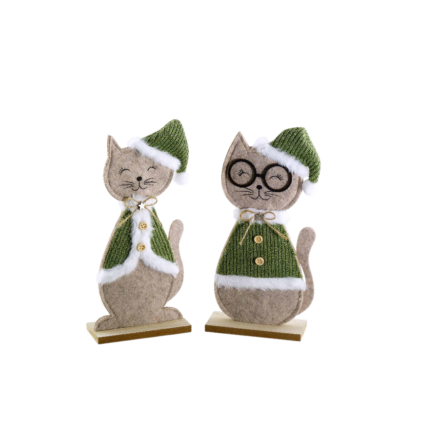 Filz Woll Katze in braun gruen, 26cm hoch, 2-fach sortiert, kuschelige Dekofigur aus Naturmaterialien