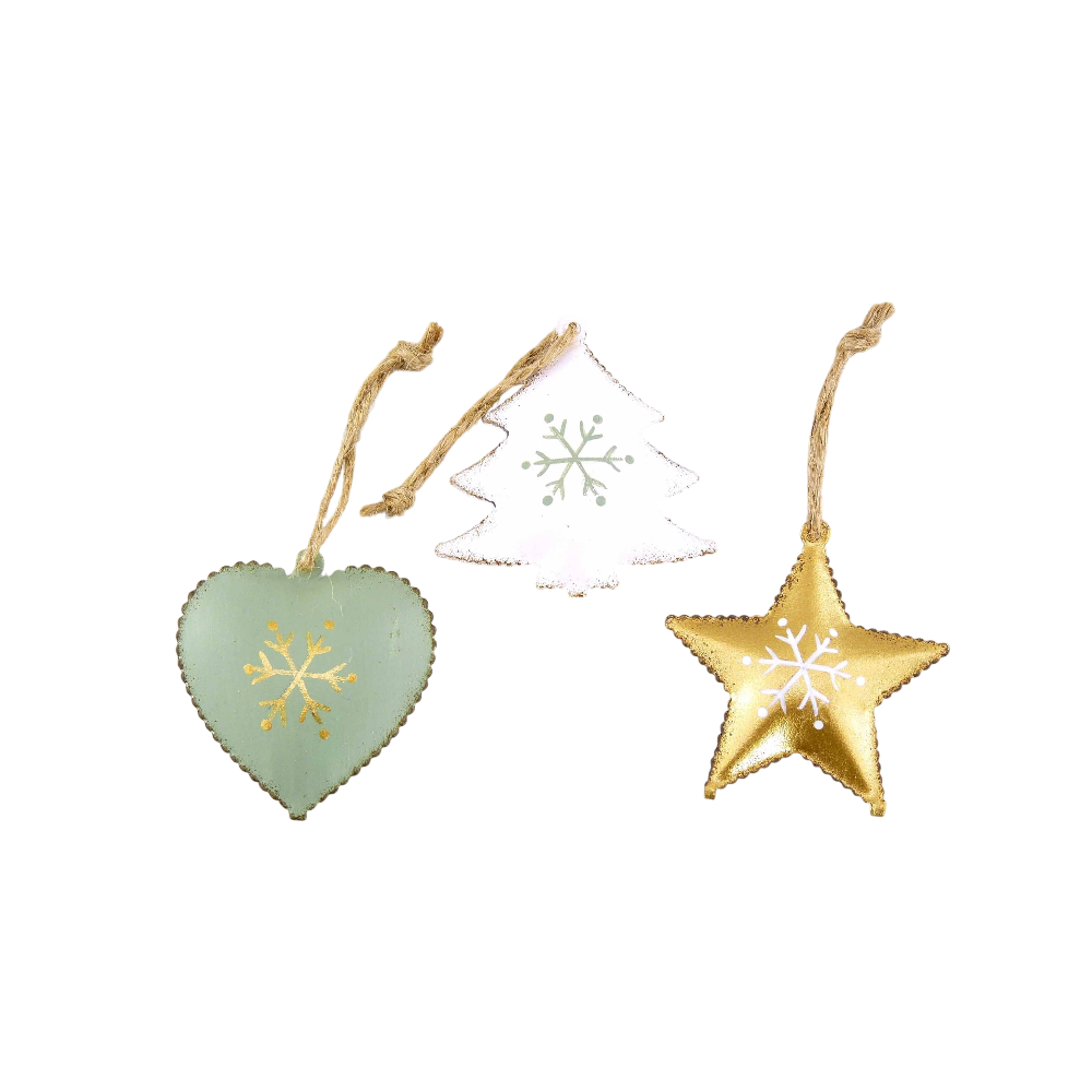 Metall-Stern/Herz/Baum hängend gold-mint-weiß ø5cm sortiert