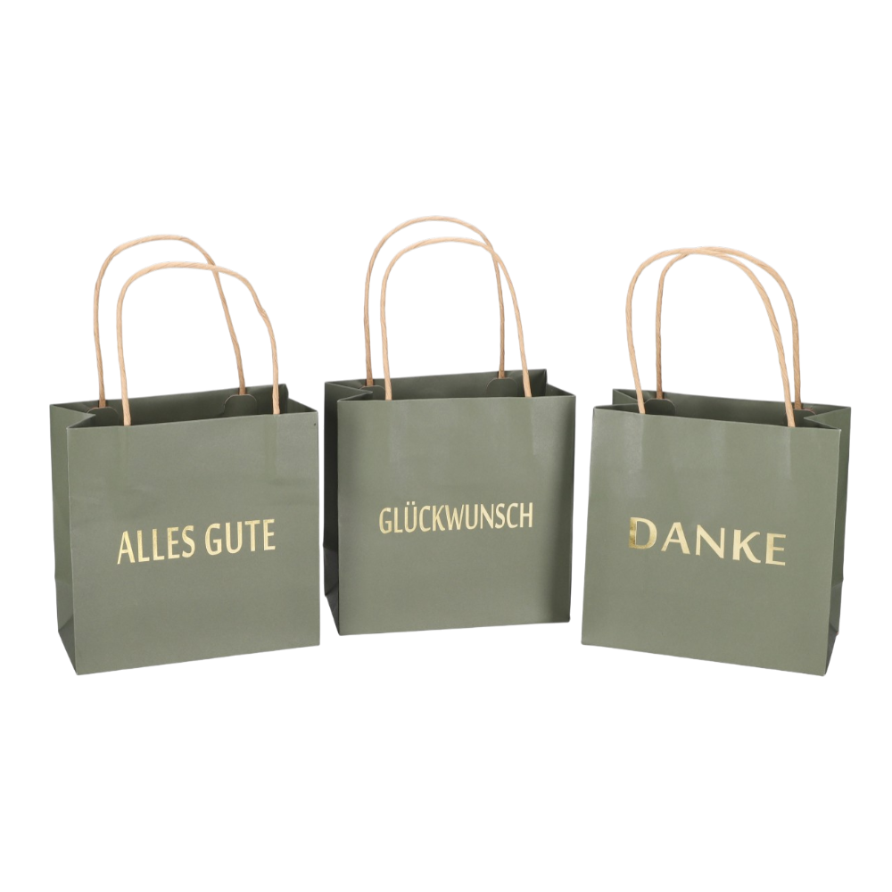 Geschenktüte bedruckt 3 Sprüche DANKE ALLES GUTE GLÜCKWUNSCH grün dunkel B16xT8xH16cm, elegante Geschenkverpackung mit goldenen Drucken