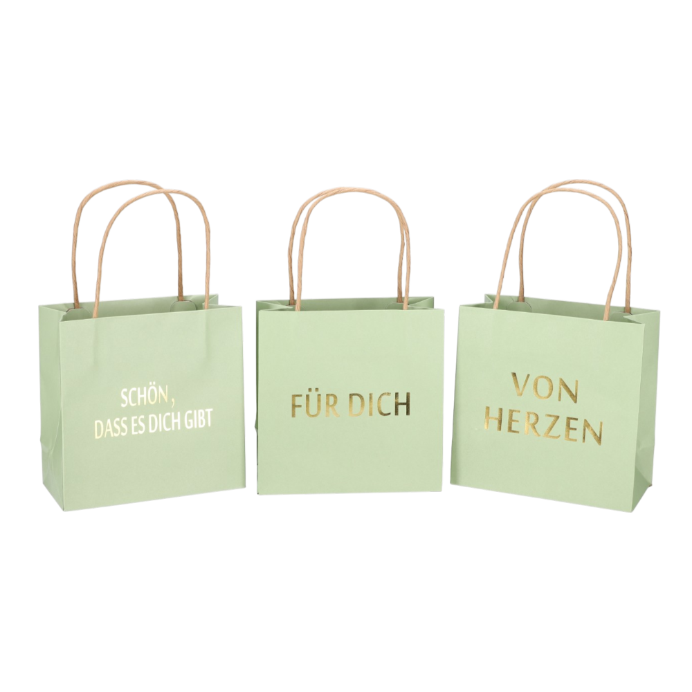 Geschenktüte bedruckt 3 Sprüche VON HERZEN SCHÖN DASS ES DICH GIBT FÜR DICH grün lindgrün B16xT8xH16cm, liebevolle Geschenkverpackung