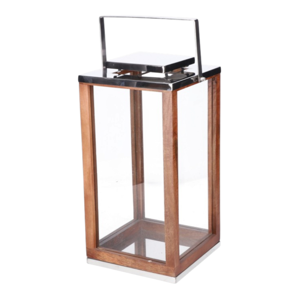 Laterne Edelstahl Mangoholz mit Glas natur D25xH50cm, elegantes Deko-Element aus modernen und natürlichen Materialien