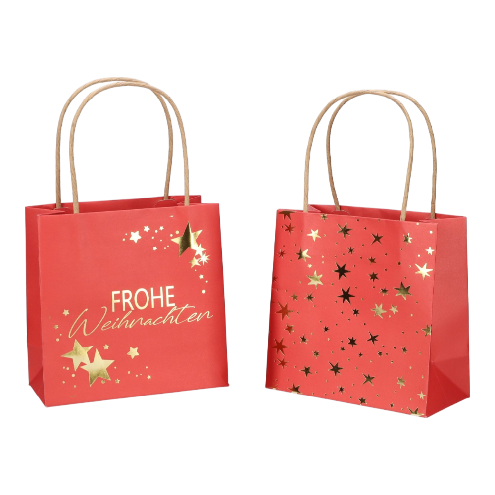 Geschenktüte bedruckt 2 Modelle "Frohe Weihnachten", Sterne rot B16xT8xH16cm, festliche rote Geschenkverpackung in zwei verschiedenen Designs