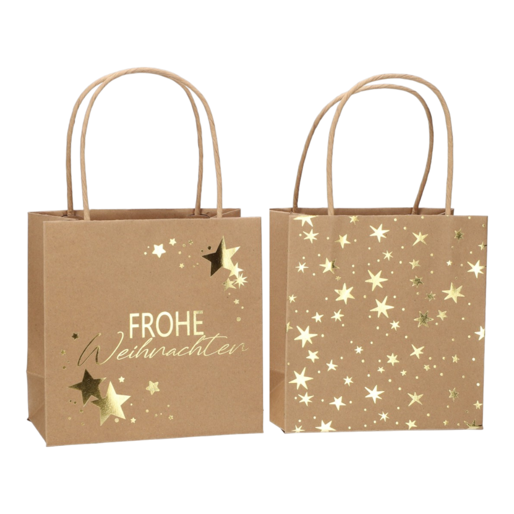 Geschenktüte bedruckt 2 Modelle "Frohe Weihnachten", Sterne natur B16xT8xH16cm, festliche Geschenkverpackung in zwei verschiedenen Designs