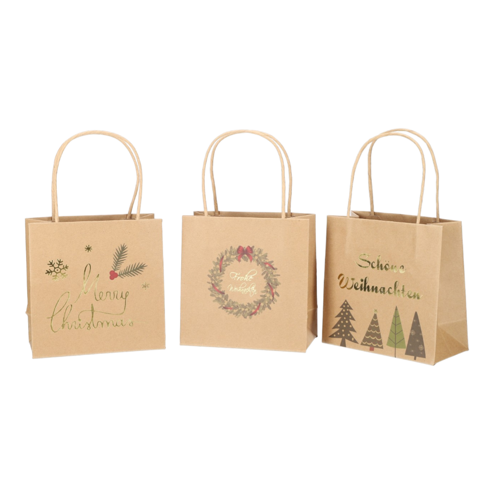 Geschenktüte bedruckt 3 Modelle "Merry Christmas", "Frohe Weihnachten", "Schöne Weihnachten" natur B16xT8xH16cm, festliche Geschenkverpackung