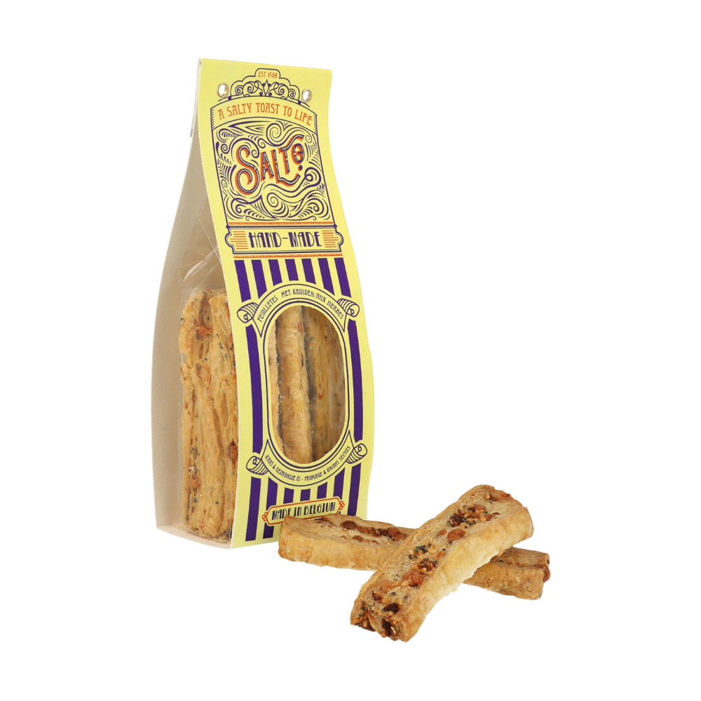 Salto Palmiers Käse-getrocknete Zwiebeln-Kräuter - knuspriger Blätterteig mit Käse, getrockneten Zwiebeln, Sesamwasabi und Blaumohn