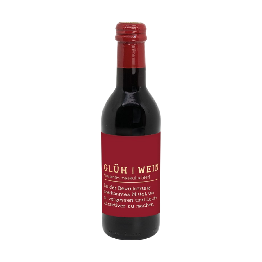Rote Glühwein-Flasche 0,25l mit humorvoller Wörterbuch-Definition von Grafik Werkstatt