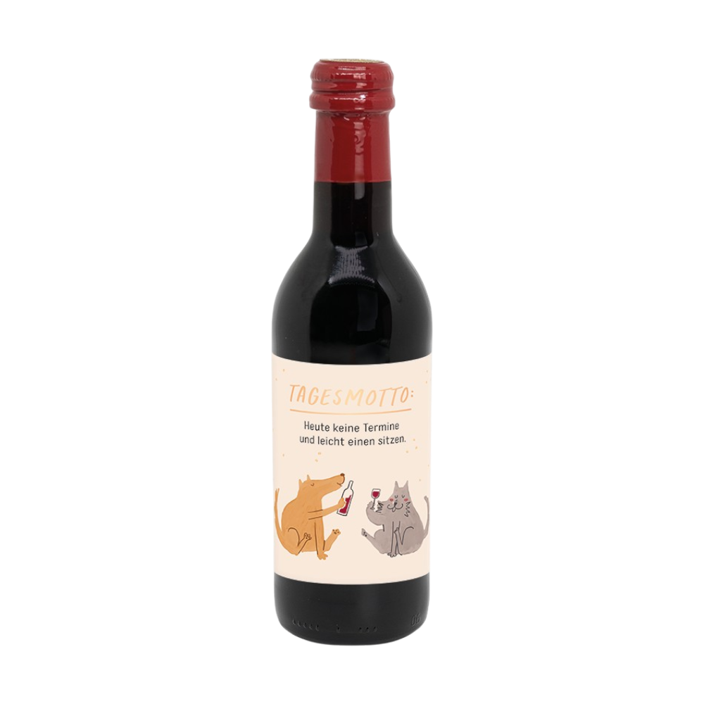 Glühwein-Flasche rot 0,25l von Grafik Werkstatt mit lustigem Spruch "Tagesmotto", humorvoller Weihnachts-Glühwein