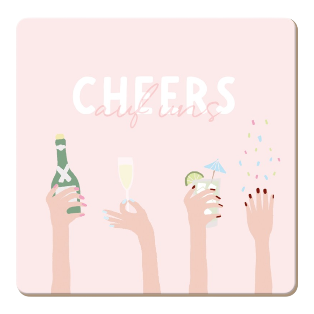 Grafik Werkstatt Korkuntersetzer Cheers mit Spruch "Cheers auf uns", natürlicher Kork, Format 95x95mm, gesellige Tischkultur