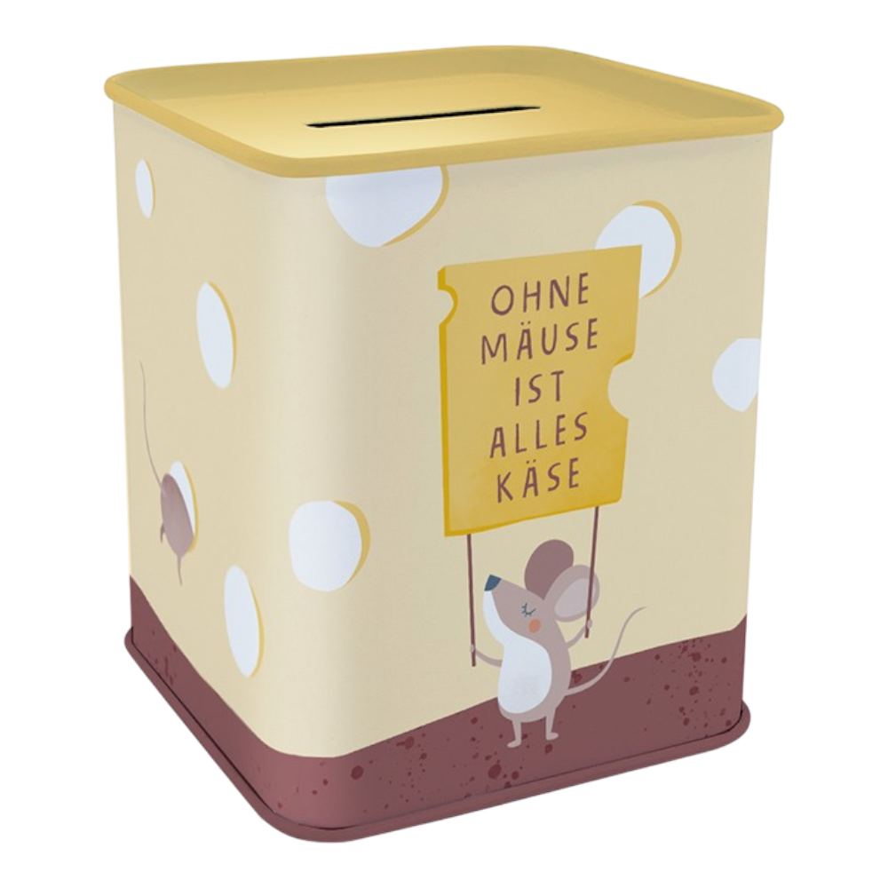 Grafik Werkstatt Spardose Ohne Mäuse ist alles Käse mit Spruch "Ohne Mäuse ist alles Käse", Format 78x78mm, humorvolle Spardose