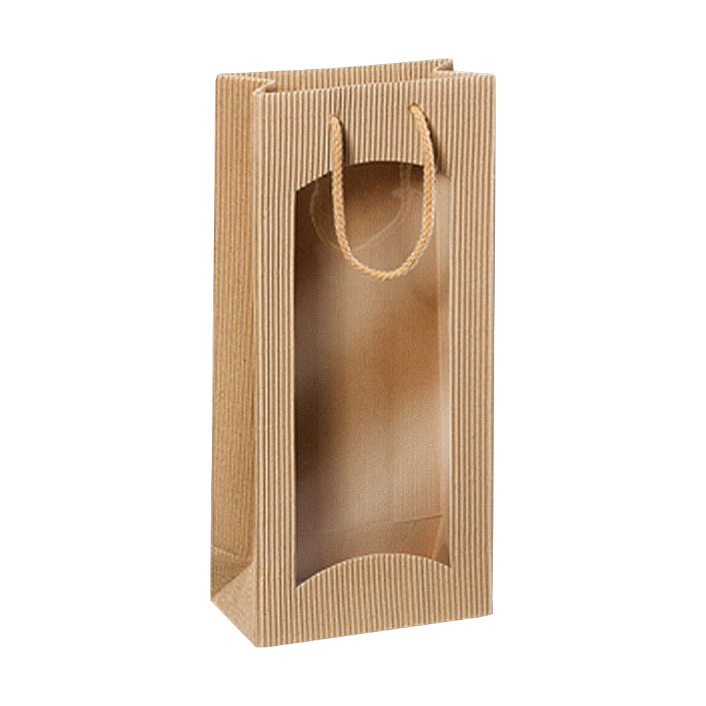 Geschenktüte Natura aus offener Welle mit Sichtfenster und Baumwollkordel, für 2x0,75l/1,0l Weinflaschen, hochwertige Doppel-Geschenkverpackung