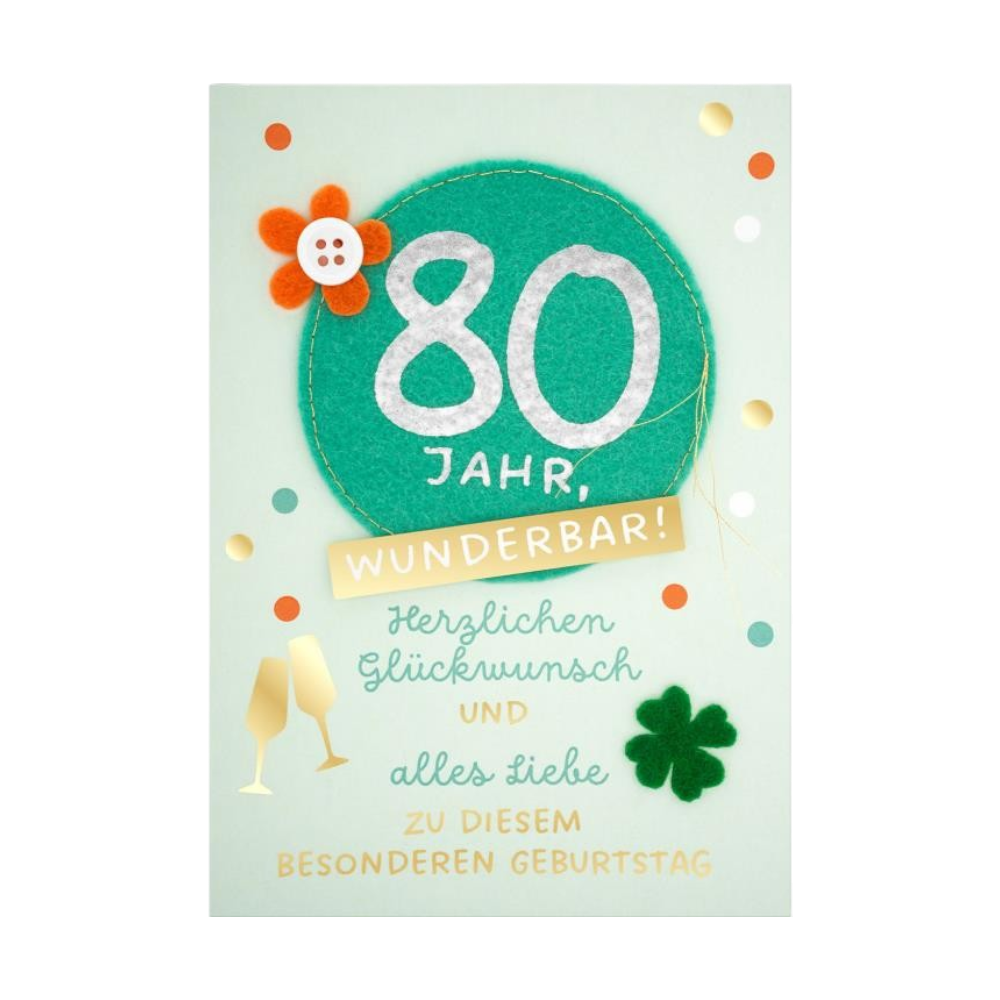 GRUSS&CO Grusskarte FILZ de 08 h aus Papier mit Filz-Elementen, 17x12cm, festliche Geburtstagskarte zum 80. Geburtstag