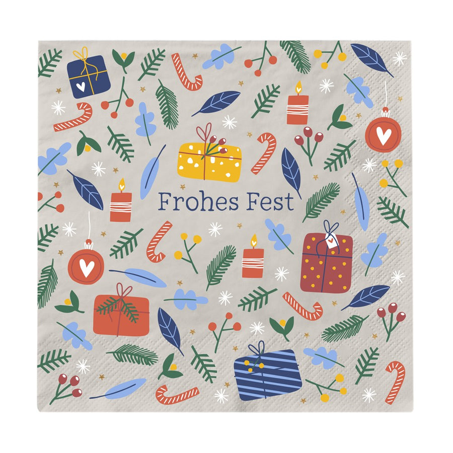 Weihnachtsservietten mit "Frohes Fest" Aufdruck und Weihnachts-Pattern, 127x127mm, FSC Mix zertifiziert, nachhaltige Festtagsservietten