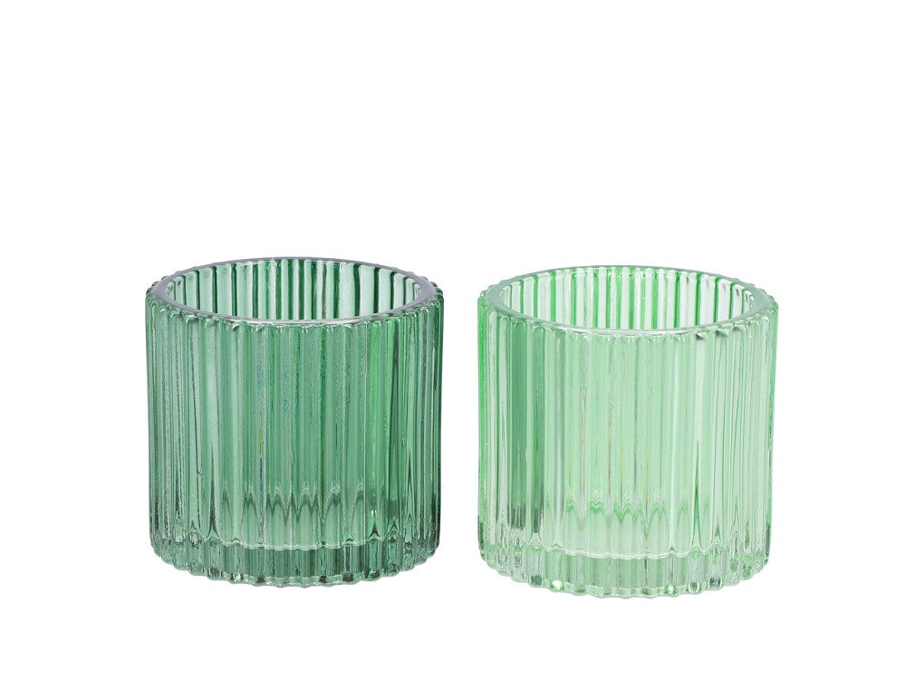 Teelichtglas Rille grün 2-fach sortiert D7 H6,5cm