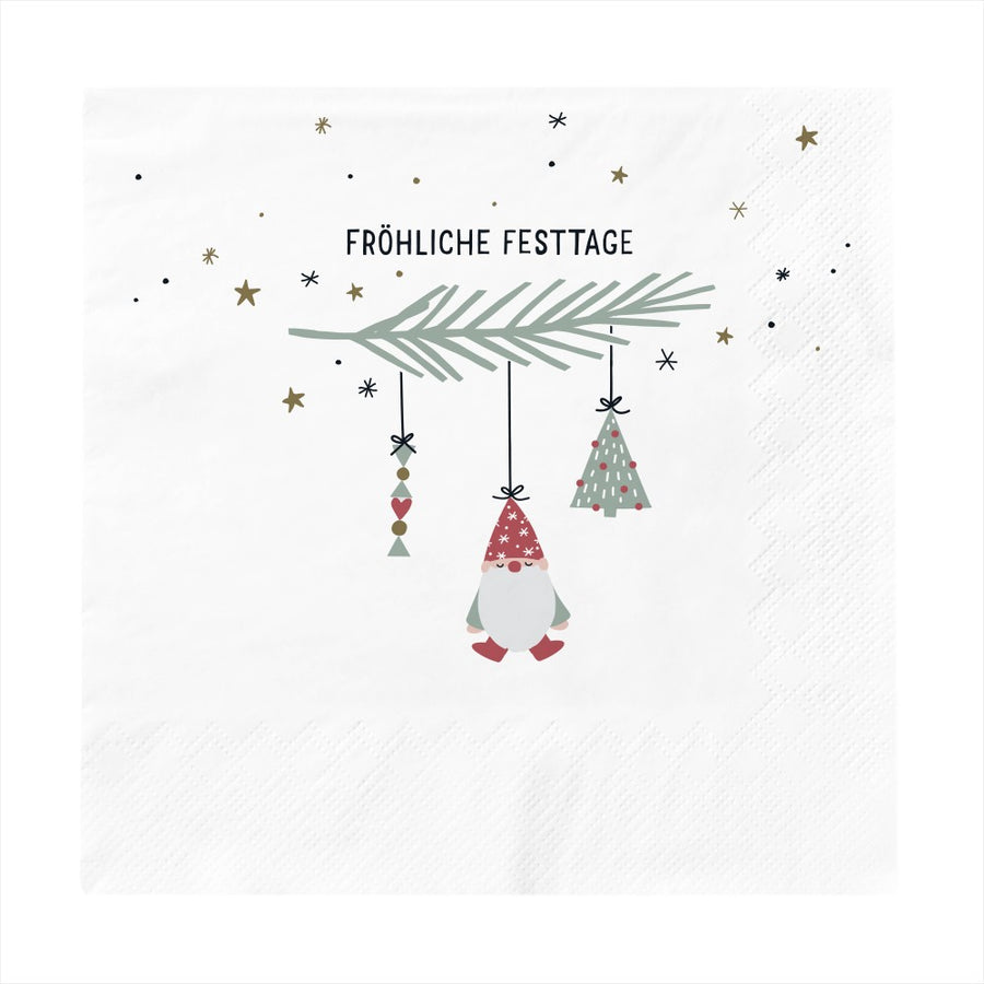 Weihnachtsservietten mit "Fröhliche Festtage" Aufdruck, Zweig, Wichtel und Christbaum, 127x127mm, FSC Mix zertifiziert