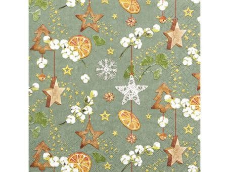 Servietten Xmas 33x33cm Weihnachtsanhänger grün, 20 Stück, mit Orangenscheiben und goldenen Sternen, festliche Lunch-Servietten
