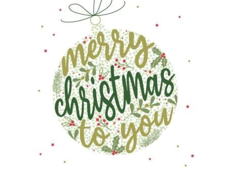 Servietten Xmas 33x33cm Merry Christmas to you, 20 Stück, weiß mit grüner Christbaumkugel, festliche Lunch-Servietten