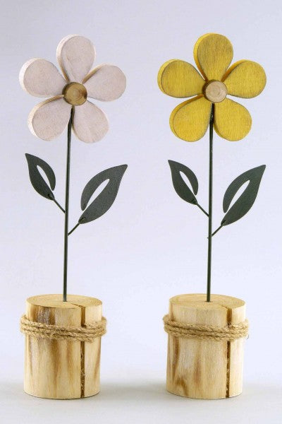 Metall-Holz Blume, weiß-gelb sort., H30cm