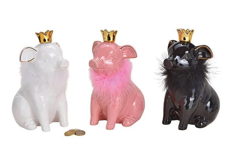 Sparschwein mit Krone Weiß/Pink/Schwarz, 1 Stück 10x21x13cm - Weinatelier Agnes