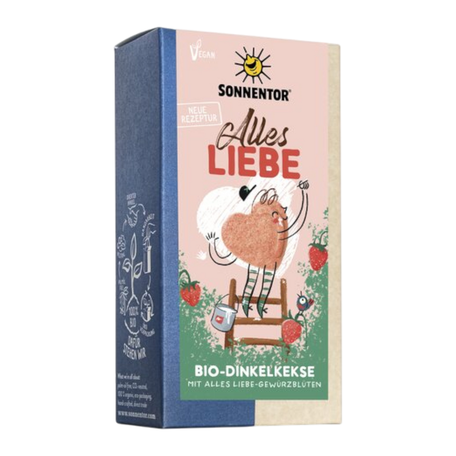 Sonnentor Alles Liebe Kekse Bio 125g - Bio-Dinkelkekse in Herzform mit Alles Liebe-Gewürzblüten, Erdbeeren, Himbeeren und ätherischem Zitronenöl