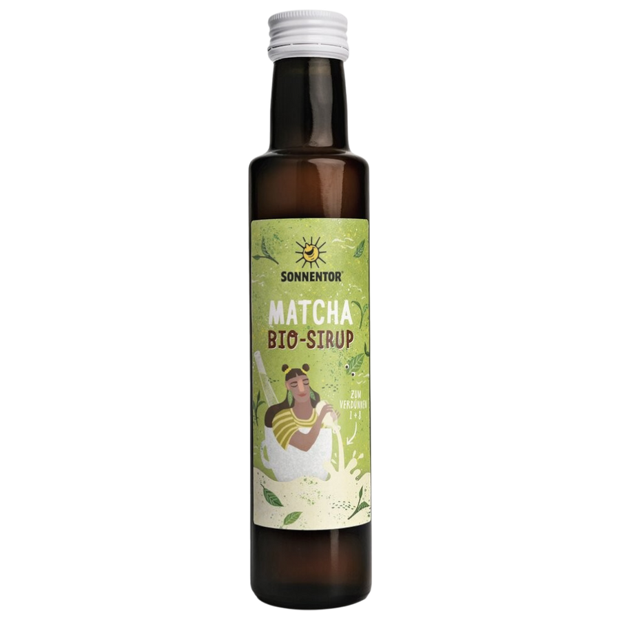Sonnentor Matcha Sirup Bio-Sirup in knallgrüner Farbe mit Grüntee-Matchaextrakt und Matcha-Pulver für erfrischende Getränke